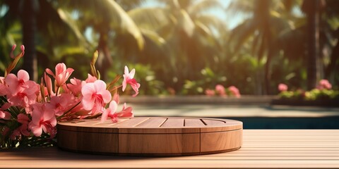 Empty round wooden podium with tender exotic fowers on wooden table opposite tropical spa resort background. Scene stage showcase for beauty and spa products, cosmetics, promotion sale or advertising - obrazy, fototapety, plakaty