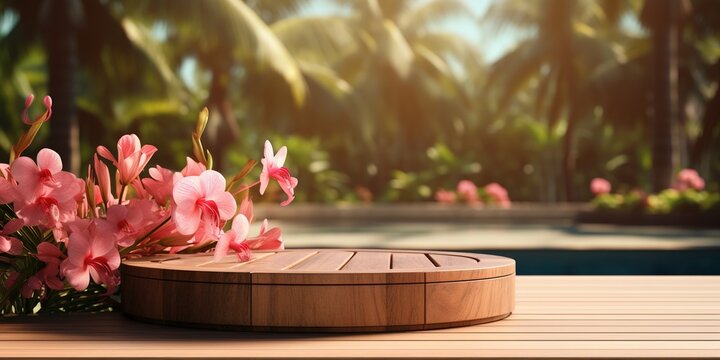 Empty Round Wooden Podium With Tender Exotic Fowers On Wooden Table Opposite Tropical Spa Resort Background. Scene Stage Showcase For Beauty And Spa Products, Cosmetics, Promotion Sale Or Advertising