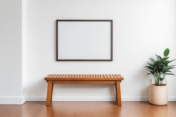 Wooden bench against white wall with poster frame - Mockup