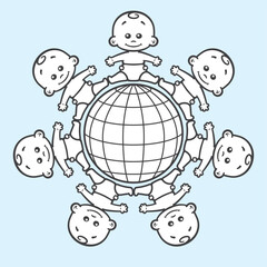 Vector image of planet earth around which small children are sitting. Blue background