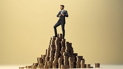 Businessman standing on the top stack of bitcoin. Business success concept.