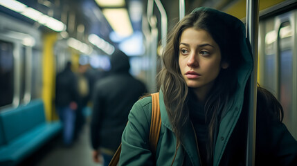 Pensive young woman traveling alone on a subway train