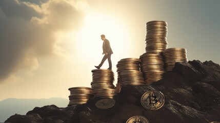 Businessman walking down stack of bitcoin, blockchain concept. Man starting to leave bitcoin concept. - obrazy, fototapety, plakaty