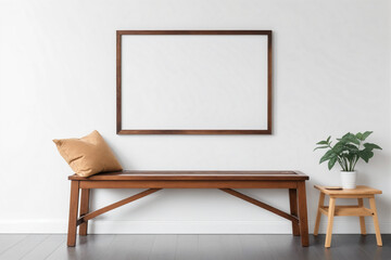 Wooden bench against white wall with poster frame - Mockup