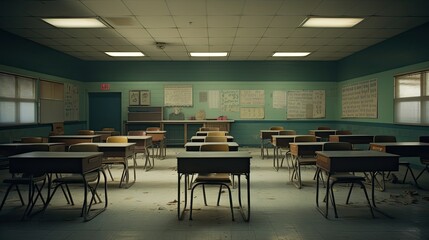 Image of empty classroom without people and teacher. Chairs and desks in a row.