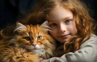 Young girl with wavy hair cuddling her orange fluffy cat