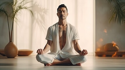 Fototapeta na wymiar Asian modern man doing yoga meditation in a room.