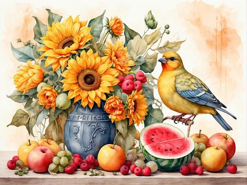 Still life with sunflowers and fruits on old paper, drawing with watercolor paints