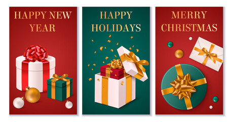 Realistic christmas present vertical cards collection with gift boxes and christmas decoration