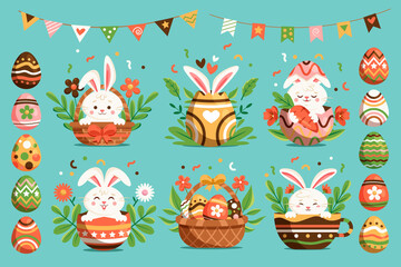 Set of Easter elements in flat style
