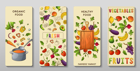 Hand drawn organic food vertical banner template collection with fruits and vegetables