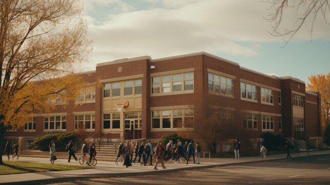 Exterior of public school building in US.