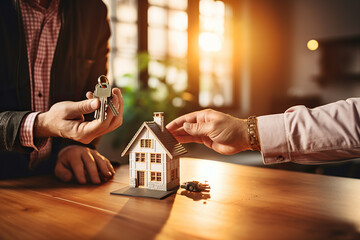 Transacción inmobiliaria. Agente inmobiliario entregando las llaves de una casa a su comprador tras firmar el contrato hipotecario. - obrazy, fototapety, plakaty