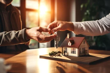 Fotobehang Transacción inmobiliaria. Agente inmobiliario entregando las llaves de una casa a su comprador tras firmar el contrato hipotecario. © TaniaC.