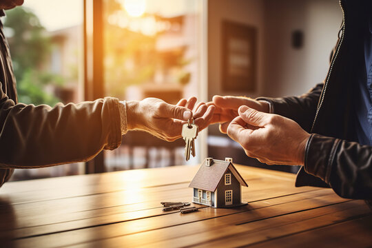 Transacci&oacute;n inmobiliaria. Agente inmobiliario entregando las llaves de una casa a su comprador tras firmar el contrato hipotecario.