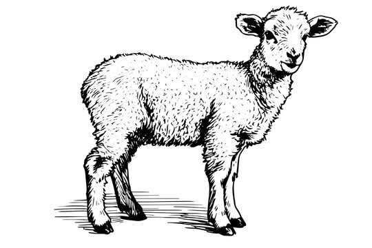 Cute sheep hand drawn ink sketch. Engraved style vector illustration.