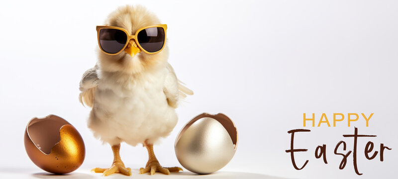 Funny happy easter concept holiday animal greeting card with text - Cool cute little easter chick baby with sunglasses, isolated on white table background