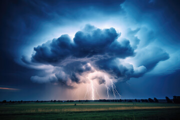 Thunderclouds in a dark sky with lightning and tornadoes