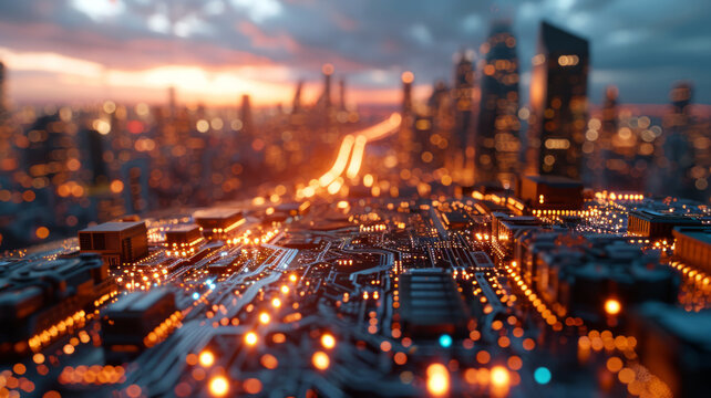 Circuit board and modern city at sunset. Technology background.