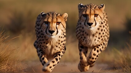 Cheetah Chase for Love, Cheetahs engaged in a playful chase in a grassy savanna, generative AI