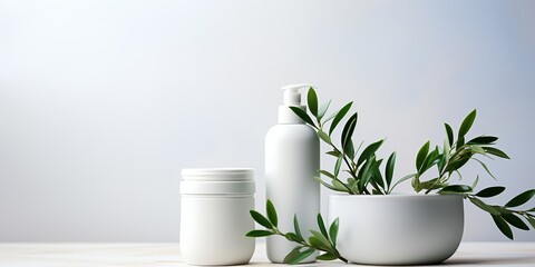 Mock up of natural beauty products. White cosmetic bottles with green leaves on a light neutral background. Soft image and soft focus style. Organic cosmetic products. - obrazy, fototapety, plakaty
