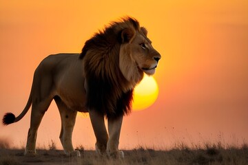 Silhouette portrait of a walking Lion against the background of the sunset on the savannah, generative AI