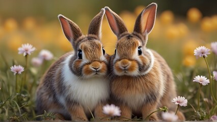 Bunny Hop of Affection, rabbits sharing a tender moment in a flower-filled meadow, generative AI