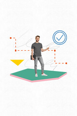 Fototapeta premium Creative collage poster vertical image young freelancer businessman standing satisfied positive results successful strategy income