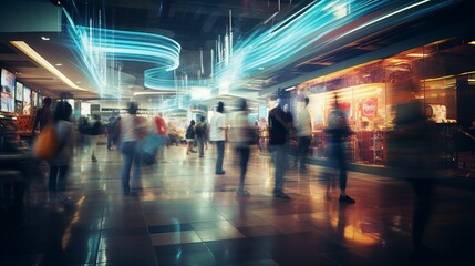 Busy Urban Life in a Vibrant Cityscape: Blurred Shopping Mall Lights at Night