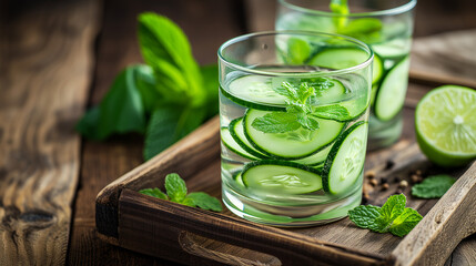 Cucumber water. Fresh cucumber slices and glass of cucumber water