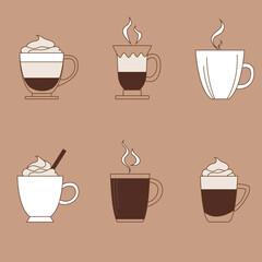 Set of different cups of coffee. Set Vector illustration. Isolated symbols for cafe, breakfast and drink design.
