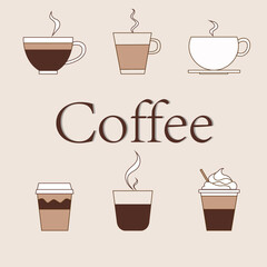 Set of different cups of coffee. Set Vector illustration. Isolated symbols for cafe, breakfast and drink design.