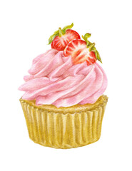 Cupcake. Watercolor illustration of pink cupcake with strawberries. Transparent background.