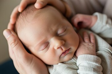newborn baby sleeping in dad hands