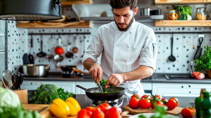 Ein Chefkoch bereitet Gemüse vor. Vegane Küche. - obrazy, fototapety, plakaty