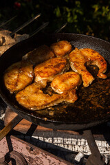 Pan frying or home cooking fish on the fire.