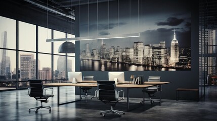 Fototapeta na wymiar Contemporary Workplace Vibe: Modern Office Interior with Blurred Background, Technology Integration, and Professional Workspaces
