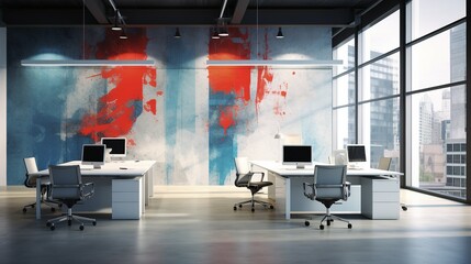 Contemporary Workplace Vibe: Modern Office Interior with Blurred Background, Technology Integration, and Professional Workspaces