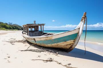 Fototapeta na wymiar Wrecked fishing boat on Vilanculos beach, Bazaruto Archipelago, Mozambique