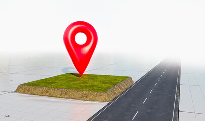 Land for sale and road with location pin icon. Big red map pointer symbol on green grass. Real estate or property investment concept, 3d rendering