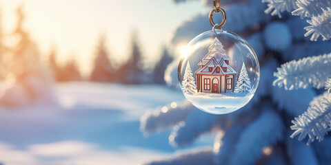 A house model in a transparent keychain ball hangs on a Christmas tree branch against the backdrop of a winter forest on a sunny day. Concept of buying a house, real estate, land - obrazy, fototapety, plakaty
