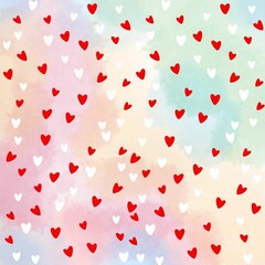 Seamless pattern with red hearts on watercolor background. Vector illustration.