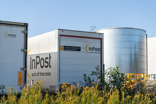 InPost semi-trailer truck at Oddział InPost local office center. Shipping and mailing service, logistics company lorry with trailer and big brand logo sign on October 10, 2023 in Cholerzyn, Poland.