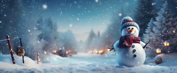 Merry christmas and happy new year greeting card with copy-space.Happy snowman standing in winter christmas landscape v5