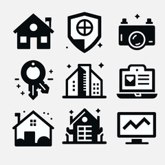 Icons and logos. house, browser homepage pictogram, real estate and building construction symbol. Vector set of thin symbols of computer management areas for mortgage and insurance