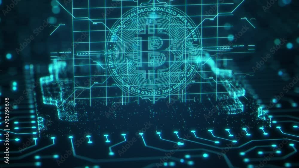 Poster bitcoin crypto currency digital technology on circuit board. abstract futuristic 3d render backgroun