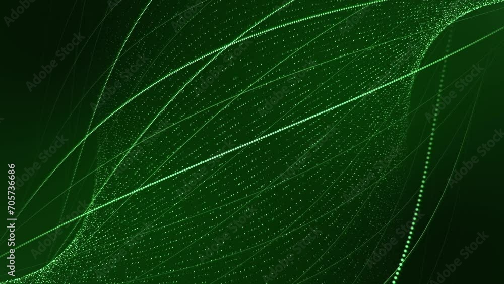 Wall mural seamless loop animation of abstract green wave of bright particles and curvy lines smoothly spinning