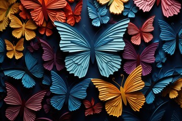  a group of multicolored paper butterflies on a black background with a red, yellow, blue, and orange butterfly in the middle of the image and the top right half of the image.