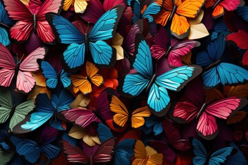  a group of multicolored butterflies sitting next to each other on top of a purple background with a red, yellow, orange, and blue butterfly in the middle of the middle.