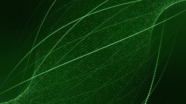 Seamless loop animation of abstract green wave of bright particles and curvy lines smoothly spinning around with deep glow effect on a dark background , motion graphics , looped video , 4k , 60 fps